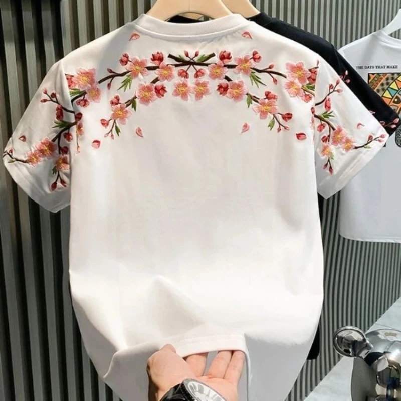 Embroidery T Shirt for Men Slim Fit Man Tee Shirts Top Elastic Ordinary Korean Popular Clothes Summer Fashion Kpop Cool Chic Hot